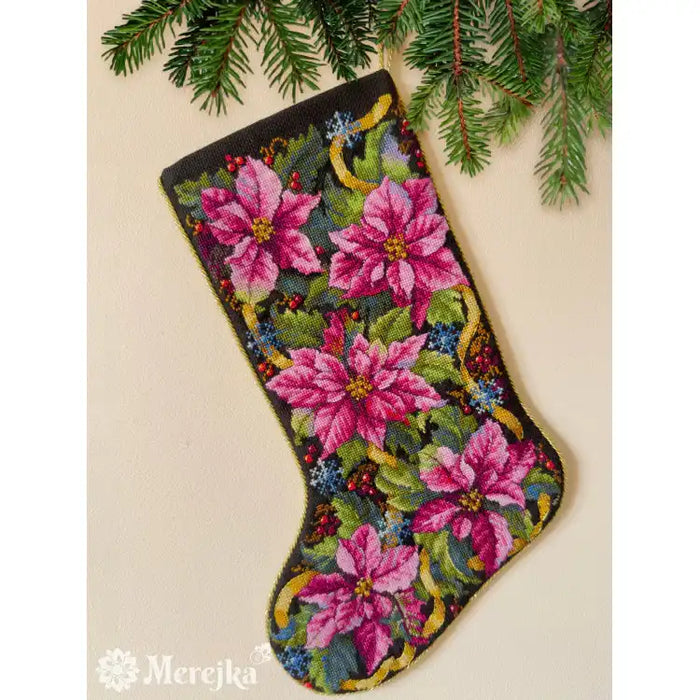 Cross Stitch Kit Merejka - "PINK POINSETTIA CHRISTMAS STOCKING" 35X22 CM SK262