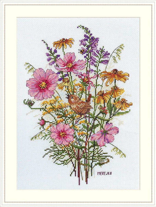 Cross Stitch Kit Merejka - September Flowers and Wren, K-197 Cross Stitch Kits - HobbyJobby
