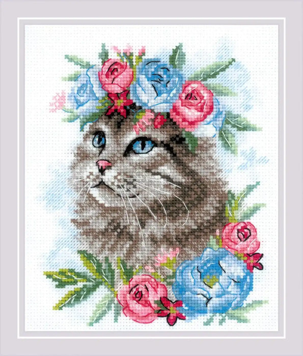 Cross Stitch Kit Riolis - Cat in Flowers, R2088 Cross Stitch Kits - HobbyJobby
