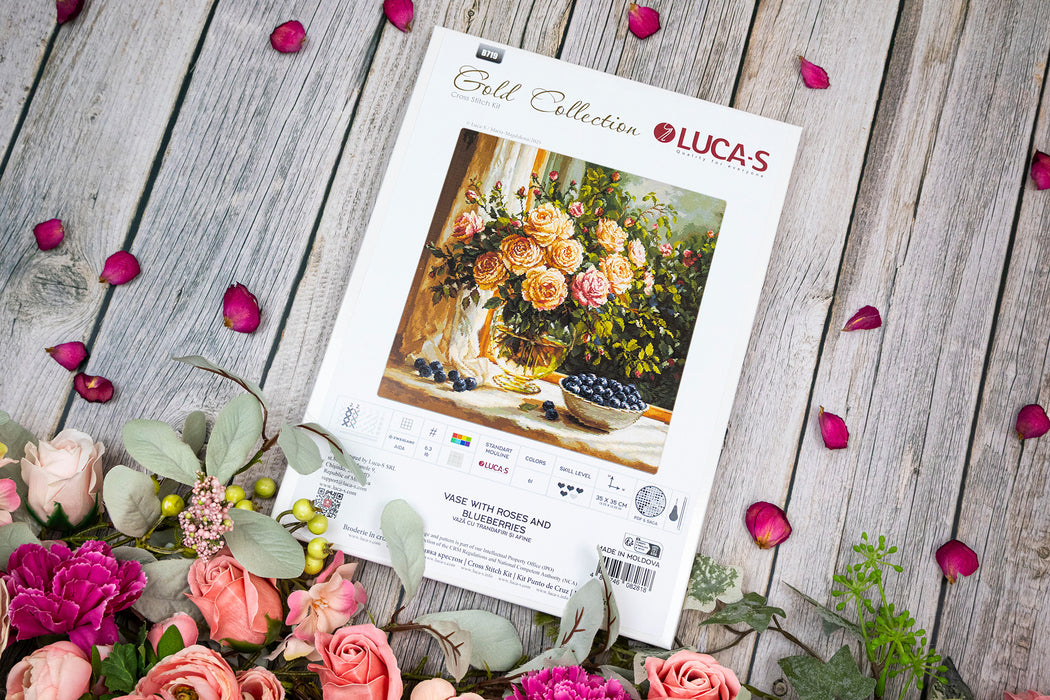 Cross Stitch Kit Luca-S GOLD - Vase with Roses and Blueberries, B719