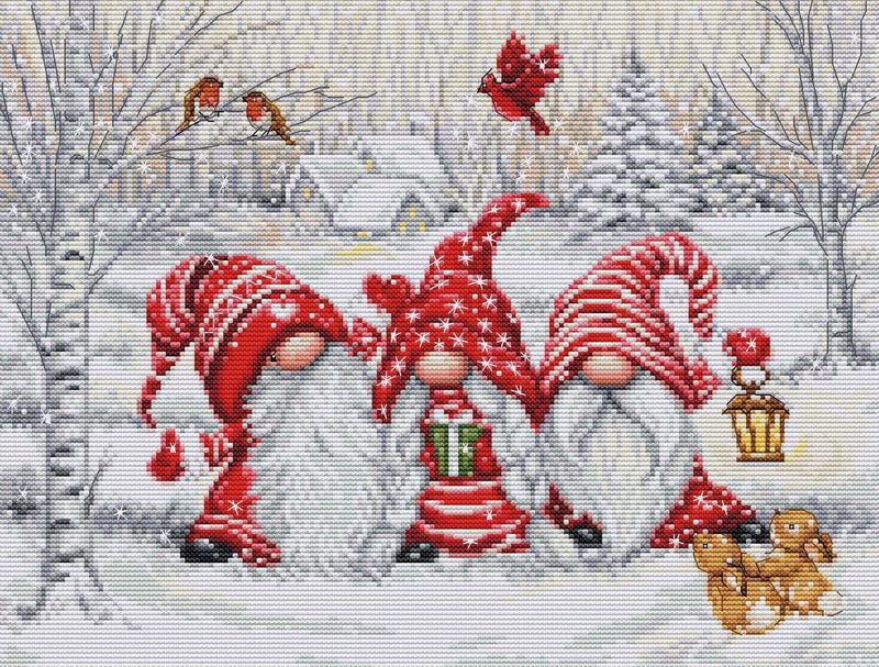 Cross Stitch Kit Luca-S - Three Gnomes in Wood, BU5050 Luca-S Cross Stitch Kits - HobbyJobby