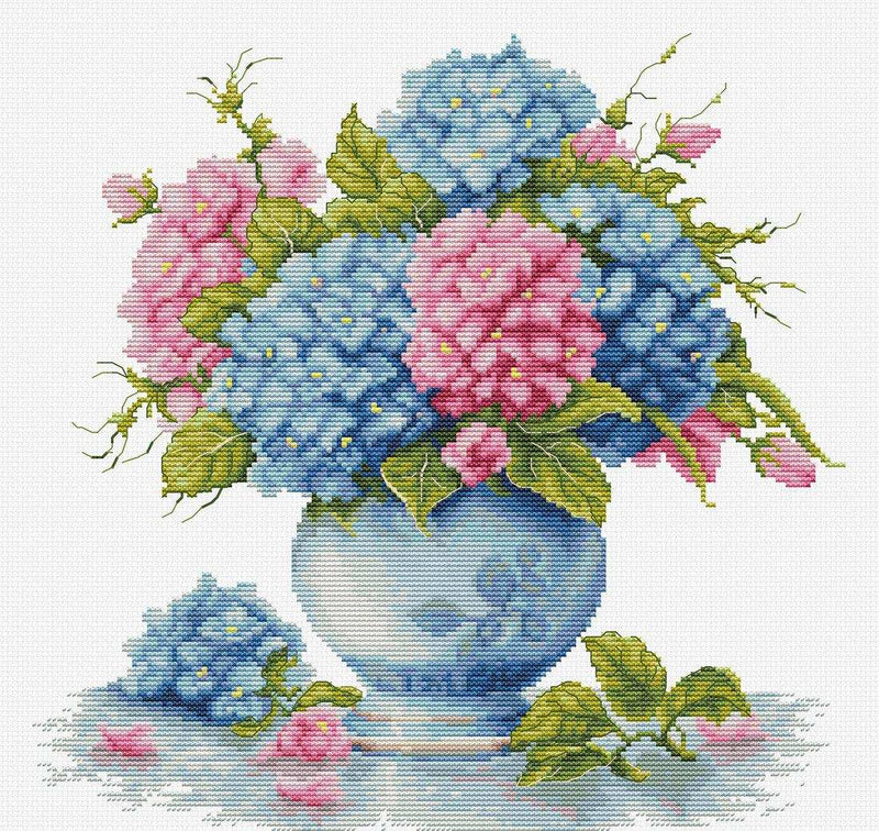 Cross Stitch Kit Luca-S -Vase with Hydrangea, B7033 Luca-S Cross Stitch Kits - HobbyJobby