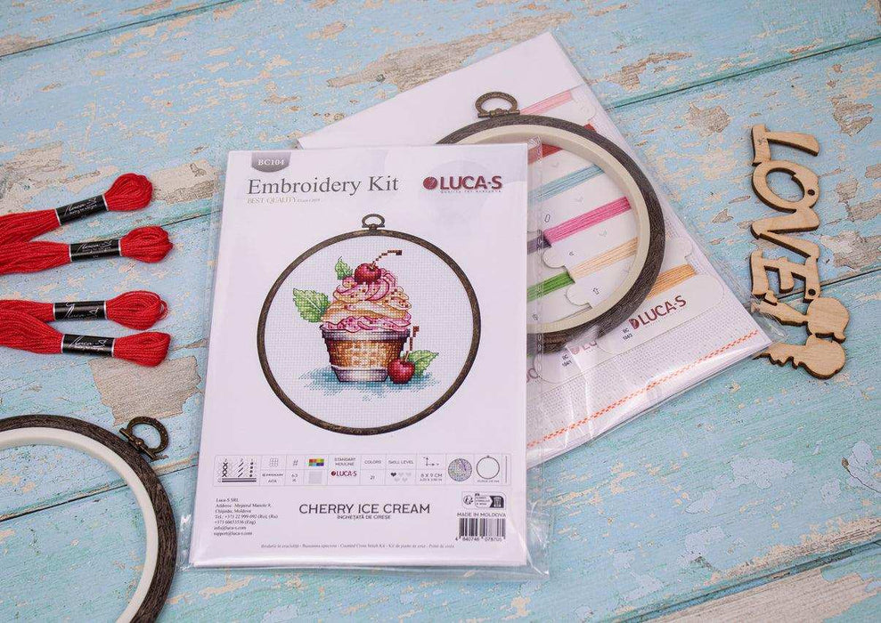 Cross Stitch Kit with Hoop Included Luca-S - Cherry Ice Cream, BC104 Luca-S Cross Stitch Kits - HobbyJobby