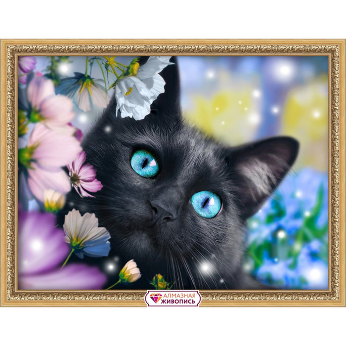 Diamond Painting Kit - BLACK CAT IN THE FLOWERS 40_30 CM AM1900