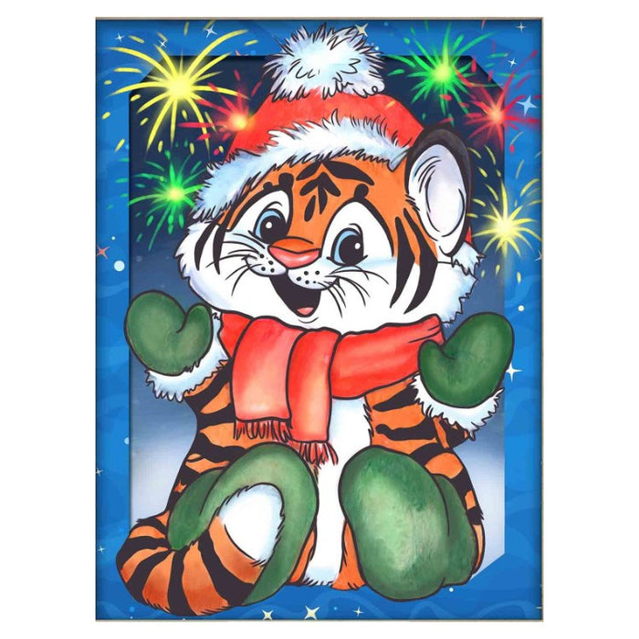 Diamond Painting Kit - "LITTLE TIGER AND FIREWORKS" 15*20 CM AM4155