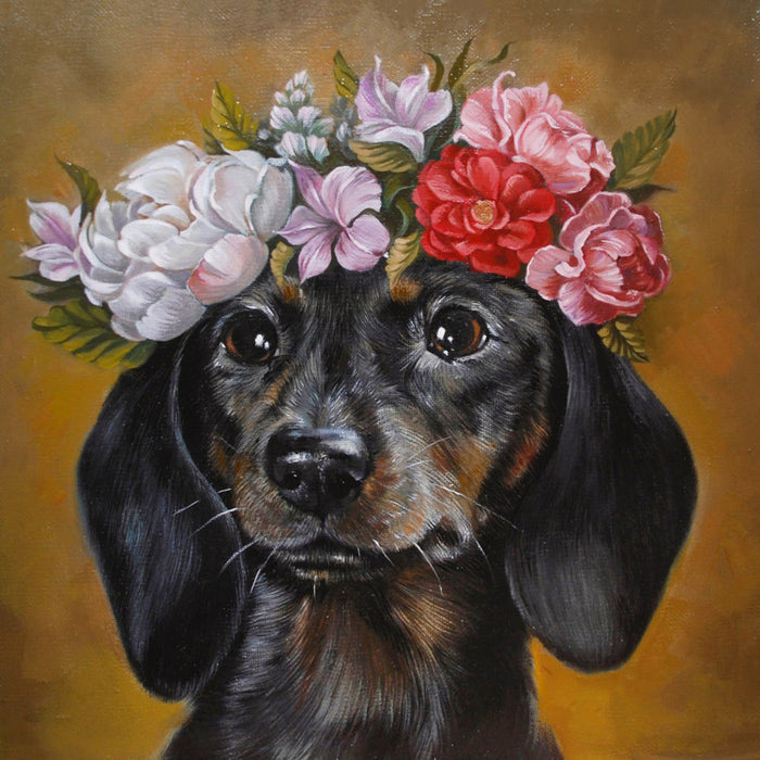 Diamond Painting Kit - DACHSHUND IN FLOWERS 38X38 CM WD2465
