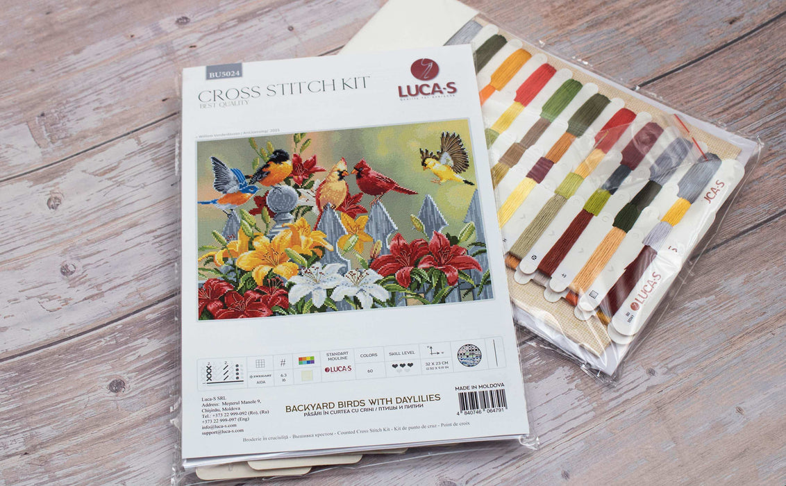 Cross Stitch Kit Luca-S - Backyard Birds with Daylilies, BU5024 Cross Stitch Kits - HobbyJobby