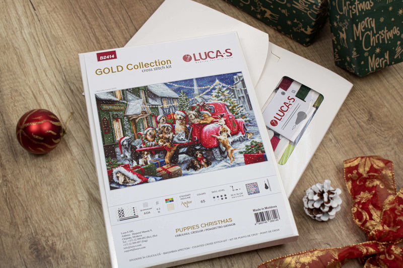 Cross Stitch Kit Luca-S - Puppies Christmas, Gold Collection Cross Stitch Kits - HobbyJobby