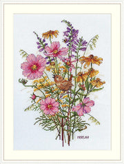 Cross Stitch Kit Merejka - September Flowers and Wren, K-197 Cross Stitch Kits - HobbyJobby
