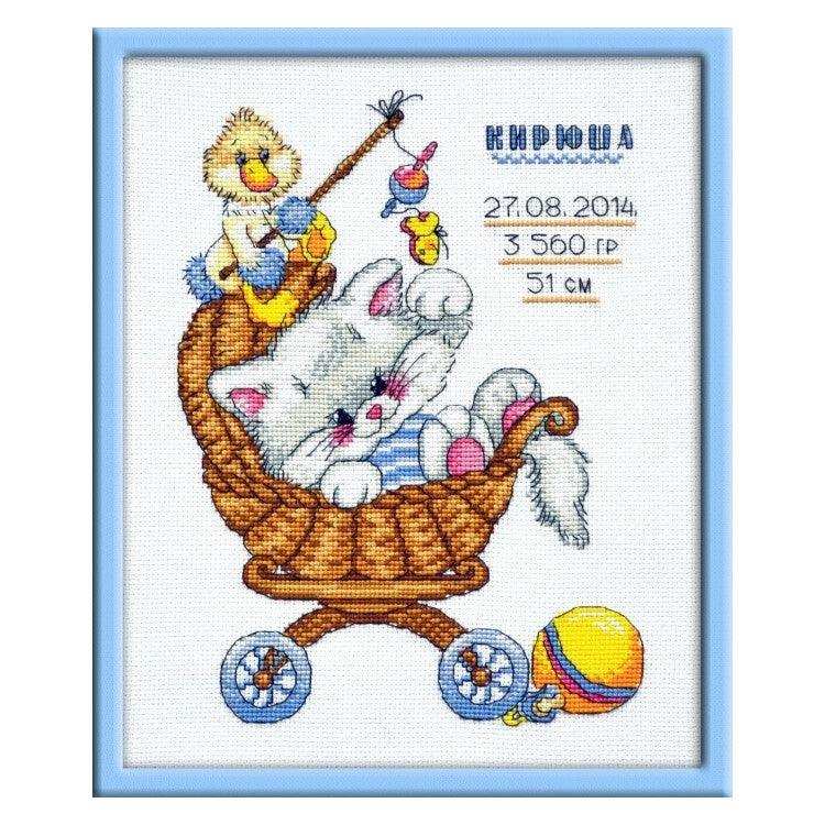 Cross Stitch Kit Oven - Birth Sampler Kitten, S708 Oven Cross Stitch Kits - HobbyJobby